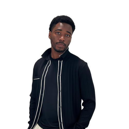 Alex Obidiegwu, video editor, in a black zip jacket with white piping